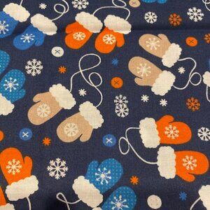 Blue Orange mittens on Navy baby quilt home decor print fabric - one (1) yard